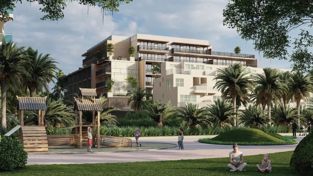 Families relaxing in a landscaped residential park